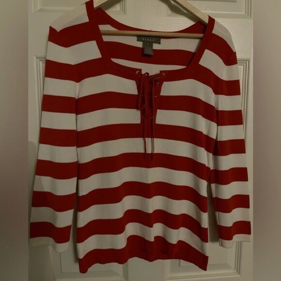 Kenar Cream Lace Up Tie Front Stripe Lightweight Career Sweater Size Small - Picture 2 of 5
